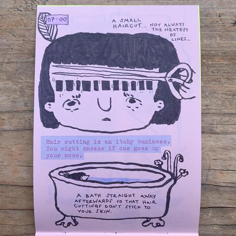 An illustrated page with a person with dark hair having a hair cut…the fringe is cut slightly wonky. Then it is time to have a bath so that the hair doesn’t stick to your skin.