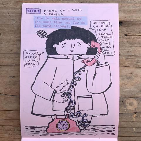 Detective Tso is on the phone, chatting to a friend. It is a phone with a curly cord which you can twist around your fingers as you talk.