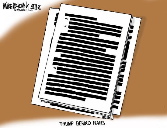 “TRump Behind Bars”
Shows sheets of documents with blacked bars.