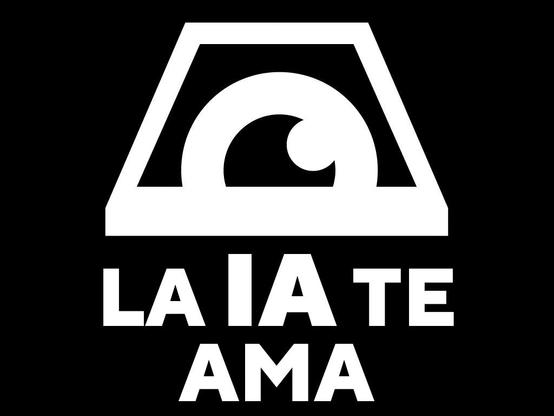 Cartel con el texto "la IA te ama" bajo el icono de un gran ojo que te vigila.