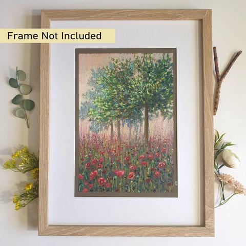 An oil pastel painting of a tree in a patch of red poppies, the background is a peachy, yellow and grey mix. The painting has a dreamy feel.
An original art work, please note that the frame is not included.
Fine art oil pastel on toned pastel paper
Size A4 (210 x 297mm / 8.3 x 11.7")