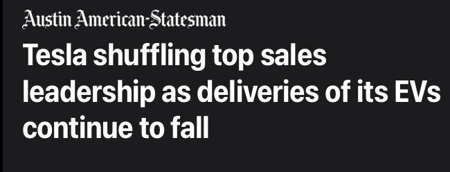 Headline reads, “Tesla shuffling top sales leadership as deliveries of its EVs continue to fall”
