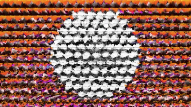 A highly textural abstract art piece composed by layering a large number of triangles that are placed in a grid and shifted in position, hue, rotation, and scale using complex combinations of sinusoidal and smooth noise functions. This one is in landscape orientation, and is vibrantly colorful except for a large grayscale area a centrally located circle.