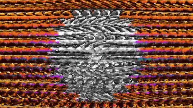 A highly textural abstract art piece composed by layering a large number of triangles that are placed in a grid and shifted in position, hue, rotation, and scale using complex combinations of sinusoidal and smooth noise functions. This one is in landscape orientation, and is vibrantly colorful except for a large grayscale area a centrally located circle. This one has the horizontal bands spreading out a bit in the middle, and are composed of swirling forms reminiscent of Lissajous figures.