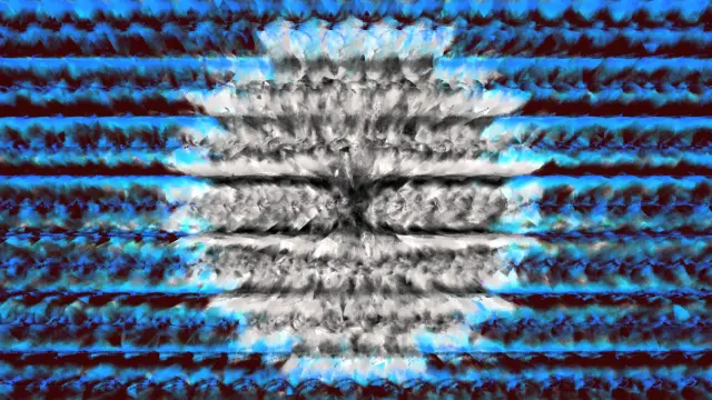 Blue and dark maroon outer area, and forms that look like crashing waves.