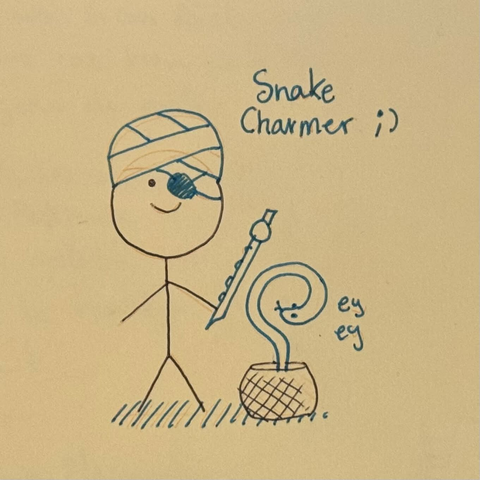 Dibujo de muñeco palo, en negro, con detalles en azul porque es un personaje bueno: turbante, parche, flauta y serpiente. Es el encantador de serpientes. Aparece el texto «Snake Charmer ;)» y la serpiente dice «ey, ey».