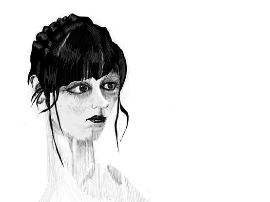 Black and white digital portrait of a girl in three-quarter view. She has dark black hair with bangs and long strands of hair down the sides if her face.