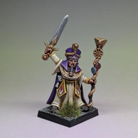 Miniature of a wizard in white robes with a purple cape. He holds a snake motif staff in one hand and a sword in the other.