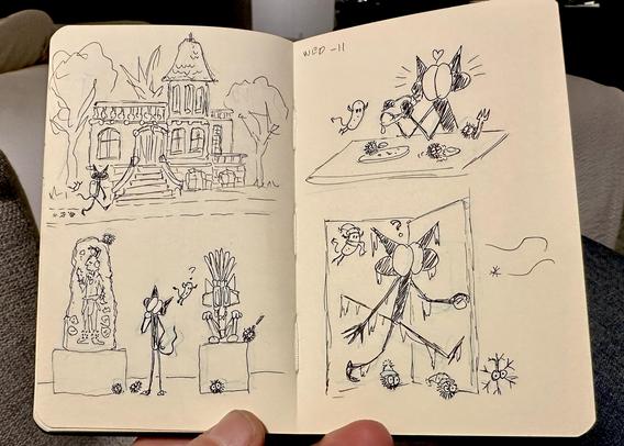 Sketchbook double spread with four sketches of a little gremlin. 

1- The little gremlin walking in front of a French style mansion. 

2- The little gremlin admiring a Mayan stele in a museum. 

3- The little gremlin enjoying a huge shawarma. 

4- The little gremlin after being flash frozen upon entering a chilly hotel room.