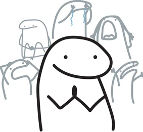 Stick guy with satisfied smile and folded hands, in the background, a faded version of him experiencing every other emotion you have while writing.