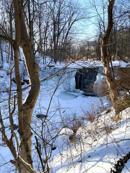 A view of a waterfall that is mostly frozen, except for the middle part where water still plunges down to the bottom. The surrounding area is covered in snow and framed by trees.