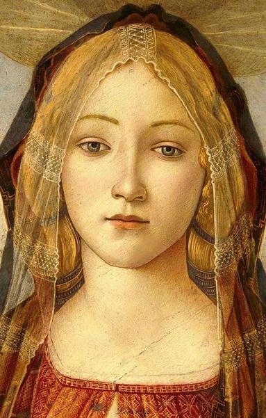A detailed depiction of a woman with long, light hair and soft features, wearing a hood and an ornate garment. The background is subtle, enhancing her serene expression.