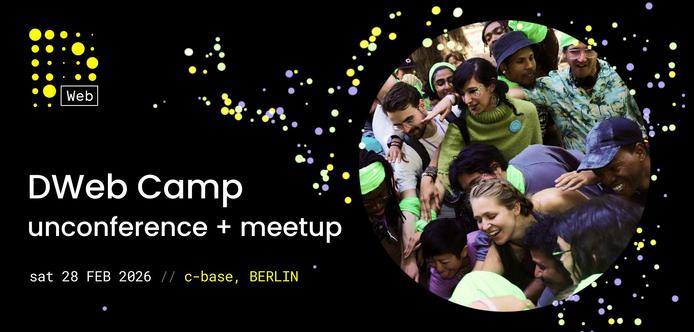 A graphic with the same info in the post + a picture of people at DWeb Camp joining their hands.
