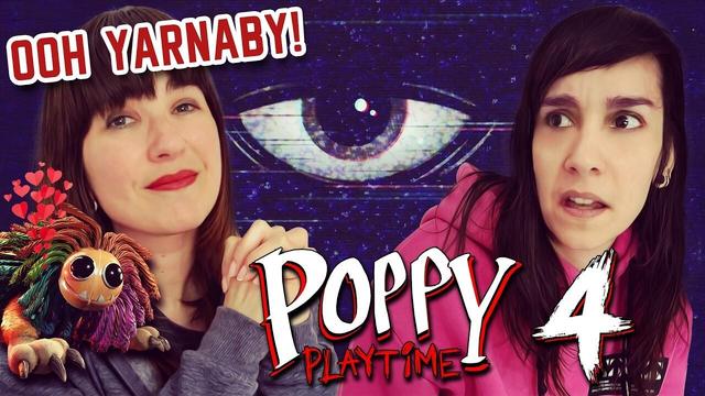 Dunkel con cara de terror mirando a Rena, quien tiene cara de felicidad con Yarnaby en su hombro mientras piensa "ooh Yarnaby!". El ojo del doctor Sawyer está de fondo.