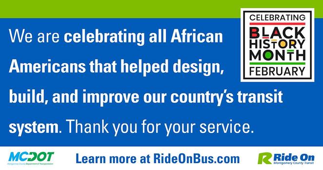 Blue banner honoring African Americans who contributed to designing and improving the U.S. transit system, with Black History Month February logo
