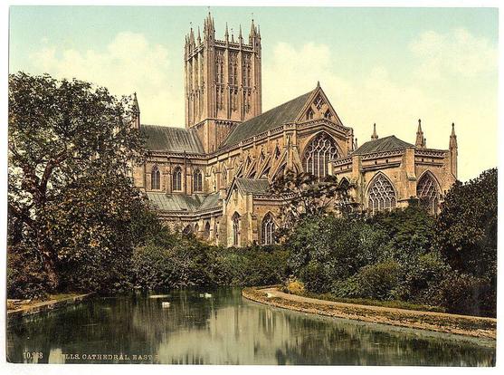 The image depicts a grand Gothic-style cathedral situated amidst lush greenery, with the majestic structure rising prominently in the background. The architectural features of the building include tall pointed arches, intricate tracery on windows and doors, buttresses supporting its massive walls, and large rose window adorning one section of the facade.

In front of the cathedral stands a tranquil pond reflecting part of the stately edifice and surrounding trees. A few ducks can be seen leisurely floating in the water, adding life to this serene scene. The foliage around the building is dense with various shades of green, indicating that it might have been taken during spring or summer.

The overall atmosphere exudes an air of historical significance and architectural beauty, capturing a moment where nature harmoniously coexists with human-made wonders. This image likely serves as an evocative representation of Gothic architecture in England, showcasing the aesthetic appeal and grandeur associated with such ecclesiastical buildings from that era.