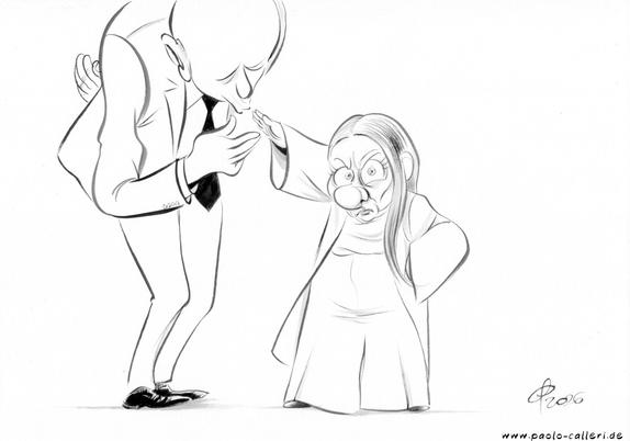 Schwarzweiß Karikatur "Küss die Hand" aus dem Jahr 2026. Eine unbestimmte Person im Anzug beugt sich zu Giorgia Meloni herab und deutet einen Handkuss an. Meloni blickt streng in unsere Richtung und streckt dabei ihren rechten Arm in die Höhe.