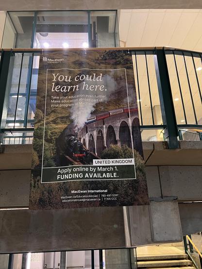A promotional banner for MacEwan University highlights opportunities for studying abroad in the United Kingdom. It features an image of a steam train near a scenic landscape, with text encouraging students to apply by March 1 for available funding and to further their education.