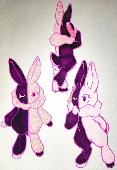 Three images of an anthropomorphic rabbit. She has magenta outlines, including a line splitting her body in half between plum and pale pink fur. The eye on her dark side is white, and permanently closed, while the eye on her light side is open with a plum pupil. She has an unmoving smile only visible on her dark side. On the pale half of her face, as well as on her blocky dewlap, she has occasional spots of darker pink. She also has a magenta pearl earring with an orange talisman reading "月" thrice. 
The top image features her from behind, her left arm raised to her face as she walks away from the camera. 
The leftmost image features her looking up at the camera, tilting her head down slightly and holding her arms out at her sides. Her fur has been colored oddly, with a different shade of plum and a duller shade of pink. She is also not wearing her earring.
The rightmost image features her looking curiously at something off camera, right hand raised to her chin and left hand resting on the small of her back.