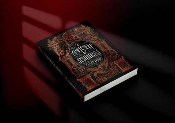A book titled "A Complement of Scoundrels" by S.V. Lockwood, featuring intricate black and gold cover designs, rests on a dark surface.