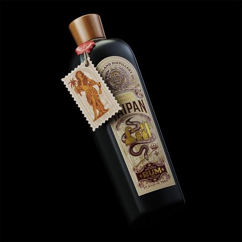 A decorative black rum bottle with a wooden cap featuring intricate label art and a vintage-style tag showcasing a figure.
