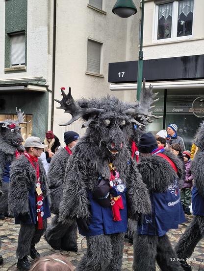 Eine vorbeilaufende Gruppe als Elche verkleidet./A group running past dressed as moose.
