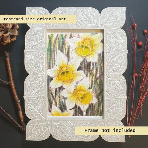 A small drawing of yellow and white daffodils with a background of dark leaves and stems.
Daffodils are a sure sign that winter slipping away, daffodils are one of the nation's most popular plants but they originally came from the Iberian Peninsula – Spain, Portugal and Morocco.
An original art work, please note that the frame is not included.
Colour pencil on white acid free artist watercolour paper (postcard size).
Approximately 4 by 6 inches (10.16 x 15.24 cm) will fit into a standard 4 by 6 inch photo frame.