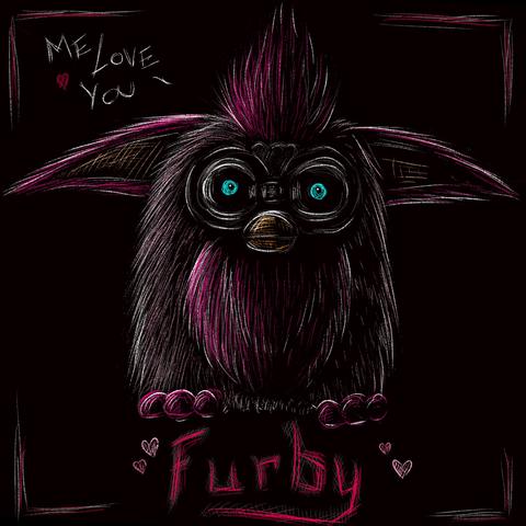 Dark stylized digital illustration of a pink Furby with piercing blue eyes staring at the viewer

Text reads: "me love you" / "Furby"
