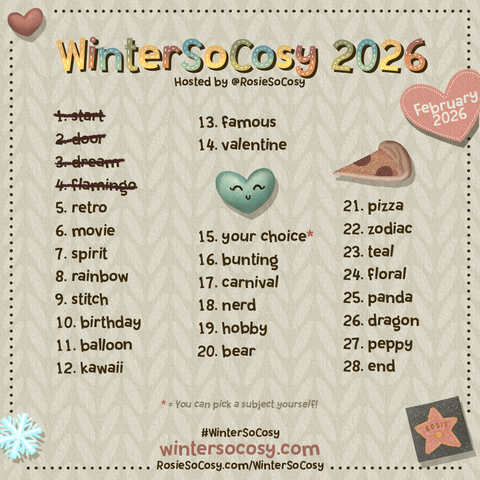 The complete list of prompts for WinterSoCosy February 2026, showing all the days that have been completed so far. Days 1-4 are done.