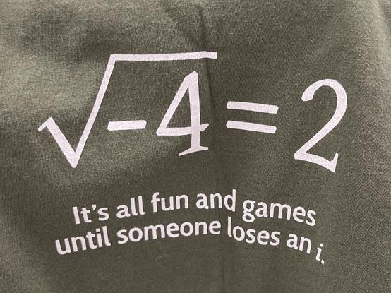 At the top, an incorrect math equation claiming that the square root of negative four is equal to two. 

Caption: it’s all fun and games until someone loses an i.

Important note : the i is the italic letter i that should have been attached to the two in the equation to indicate an imaginary number. (The square root of negative four is imaginary two.)