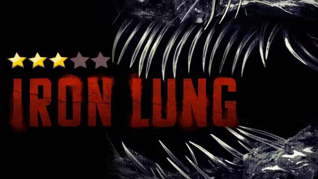 A movie poster or promotional graphic for "Iron Lung" featuring a dark, claustrophobic aesthetic. The title "IRON LUNG" is displayed in large, distressed red block letters across the center. Above the text, a three-out-of-five star rating is shown, with three stars glowing yellow and two greyed out. The background is dominated by the terrifying close-up of a creature's open maw, showing rows of long, sharp, needle-like metallic teeth set against a dark, wet-looking biological texture. The framing suggests the title is being swallowed or surrounded by these jaws, evoking a sense of horror and entrapment.