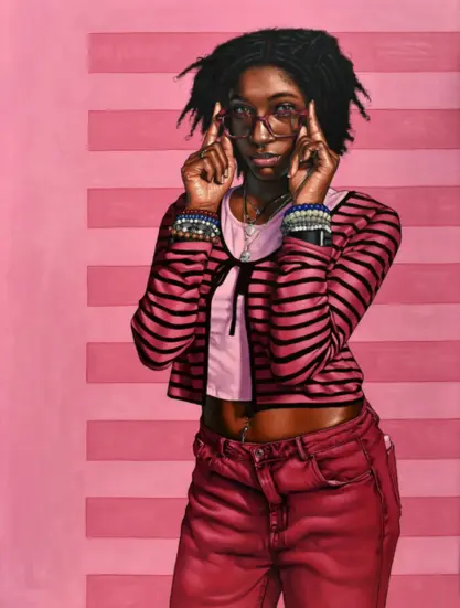 A young black woman, wearing garnet red framed glasses, a black and deep pink striped shirt,  and garnet colored jeans. Behind her a pink striped background.