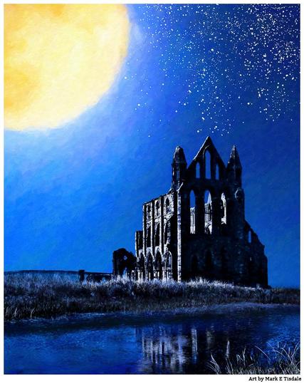 Digital art showing a gothic building in ruins standing beneath a full moon reflecting in a shallow pool of water nearby.