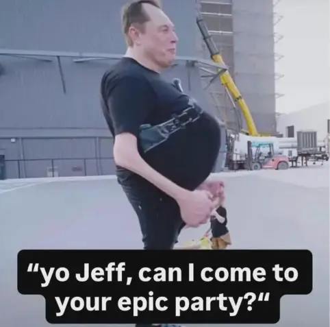 Modified image of Elon Musk, shopped to make him look more goblin-esque than he usually does. Text overlaid says "yo Jeff, can I come to your epic party?"