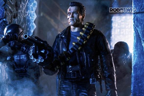 The Terminator walks out of Cyberdyne Systems building firing teargas at the police.