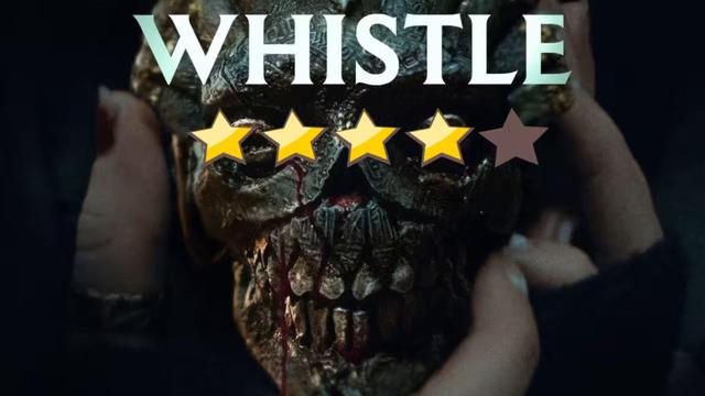 The image shows a close-up of a dark, ancient, and weathered skull-shaped artifact. The skull has visible sutures, a cracked surface, and what appears to be blood dripping from its mouth. The title "WHISTLE" is centered at the top in large, serif-style white capital letters. A four-out-of-five star rating is displayed across the middle of the skull, with four yellow stars and one grey star.