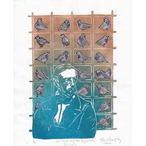 My linocut print of the Pigeonhole Principle shows Dirichlet in blue, a bearded man with heavy brow, wearing a suit with arms crossed, looking a bit cross. Behind him is a bank of pigeonholes in a gradient of blue to gold. Each one contains one or two pigeons in black on grey with turquoise and violet markings. The pigeonholes may extend infinitely in all directions - the shelves appear to go on beyond the 4 x 7 array of pigeonholes shown.