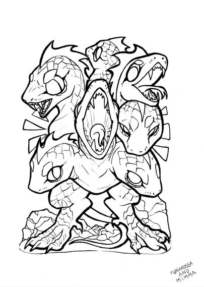 Black and white chibi-style illustration of a hydra: a reptilian creature, vaguely dragon-like, with multiple heads.