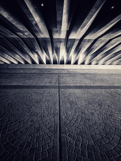 a ray of massive, manicured concrete beams recede gently into the distance overhead of an expansive covered walkway, the uniquely beautiful, street entrance underneath the grand white arches of the opera house