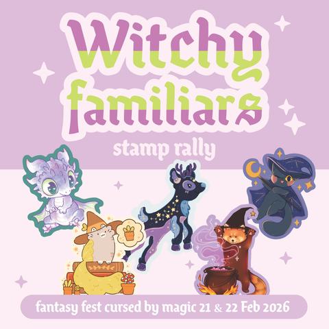 An image with the text "Witchy Familiars. Stamp Rally. Fantasy Fest cursed by magic. 21 & 22 feb 2026." On a soft purple background with stars around it. You also see 5 adorable witchy familiars, including a flying black cat, a starry flying deer, a dragon, a cat with a mossy tail and a red panda wizard.