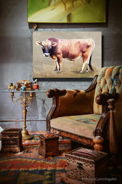 Mini Jersey bull portrait in a decor setting by artist Sharon Cummings.