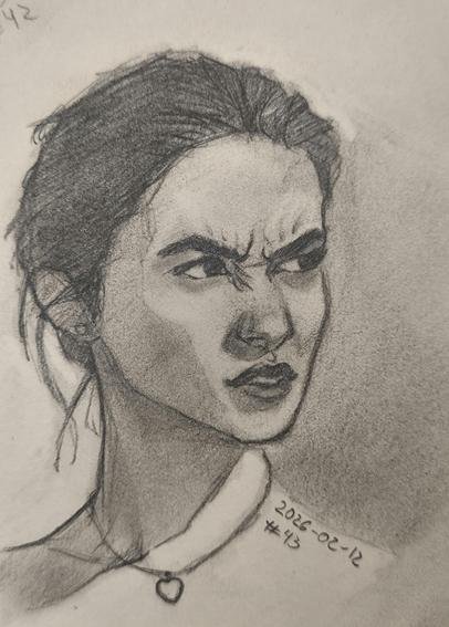Graphite portrait sketch of a young woman in 3/4 view, looking to the side with a strong frown and furrowed eyebrows. Hair is pulled back, with loose strands near the ear. Soft shading on the cheek and neck, and she wears a choker with a small heart pendant.