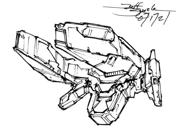 Black and white line art sketch of an imaginative sci fi spaceship. Each one is very different. Main hull shaped like an old fashioned wood clamp, with lower projection and two size structures with stubby wing shapes. Angular, technological.