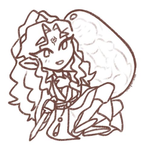 lineart of chibi Luo Binghe, his left hand at his chest while his right is at his side, holding xin mo. His legs are folded up. The background is his jade pendant. He wears an open mouth smile.