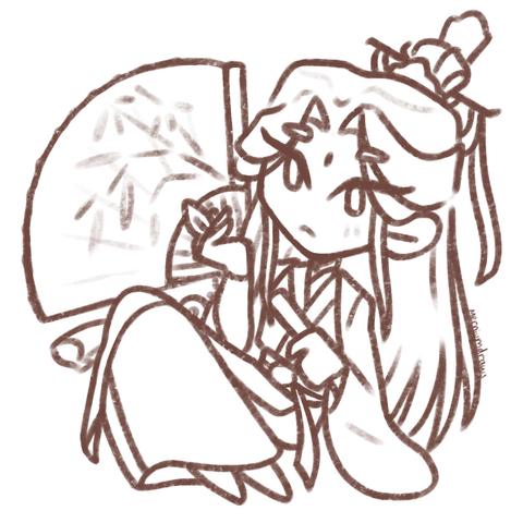 lineart of chibi shen qingqiu, his left hand holding a closed fan while his right is bent upwards, holding a leaf. His legs are folded almost under him. The background is an open paper fan. He has a neutral expression.