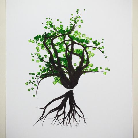 A stylised drawing of a tree with a fine root system and branches in black ink, and leaves as many small hatched squares in dark green ink.