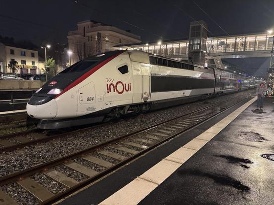 TGV Euroduplex set 804 sat waiting at platform C at Béziers station.