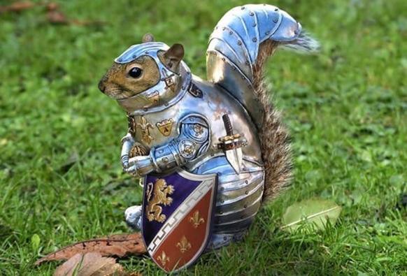 A squirrel in a full suit of silver armour. He has a small blue and red shield and a tiny dagger at his waist. 

Credit: Donated by a Peep.