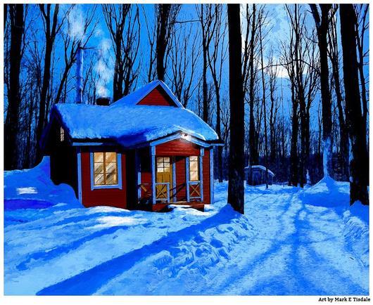 Digital art showing a night time scene with mostly bare trees reaching into the night sky. It's wintery and everything is covered in snow. Near the midground is a little red eclectic style cottage with snow on the roof but a warm glow from the windows.
