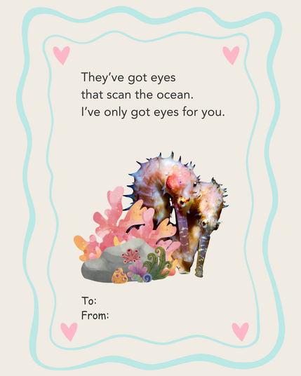 Graphic Valentine-style card with seahorses in the centre. Text reads: “They've got eyes that scan the ocean. I've only got eyes for you.”